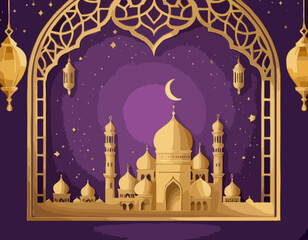 Ramadan Kareem concept poster, gold 3d frame template, arab window on purple background, arabesque pattern. Vector illustration. Hanging golden arabian lanterns and stars. Place for text.