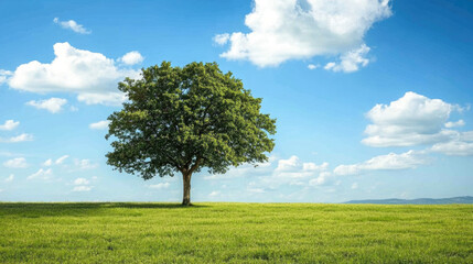 Majestic lone tree in lush green field under a bright blue sky with clouds