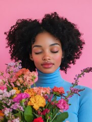 Naklejka premium Photo of pleased touched young Afro American woman got gift for anniversary, carries big bouquet of flowers, closes eyes and smiles gently, wears blue turtleneck, isolated on pink background