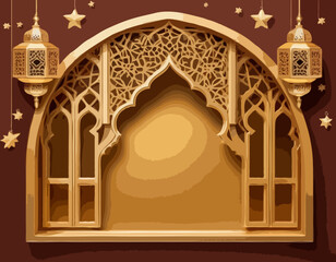 Ramadan Kareem concept poster, gold 3d frame template, arab window on golden background, arabesque pattern. Vector illustration. Hanging golden arabian lanterns and stars. Place for text.