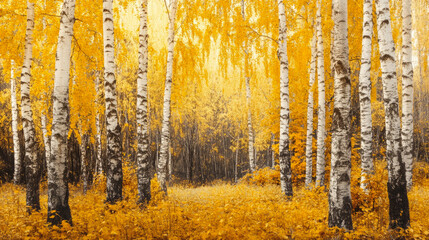 Fototapeta premium Autumn birch forest with golden leaves and white trunks