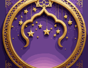 Ramadan Kareem concept poster, gold 3d frame template, arab window on violet background, arabesque pattern. Vector illustration. Hanging golden arabian stars. Place for text.