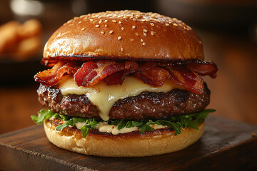 Juicy gourmet burger with crispy bacon and melted cheese on a rustic wooden board. Generative AI