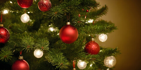 Fototapeta premium Christmas tree decorated with red baubles and warm lights