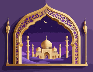 Ramadan Kareem concept poster, gold 3d frame template, arab window on violet background, arabesque pattern. Vector illustration. Place for text. Mosque landscape view, desert oasis