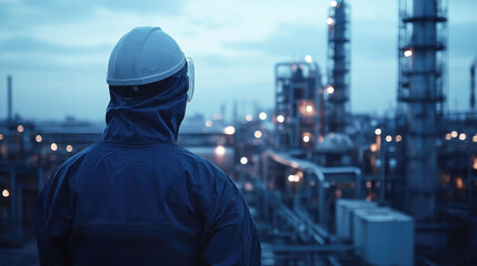 Industrial engineer overseeing operations at dusk