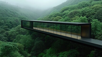 Fototapeta premium Futuristic glass bridge spanning lush green valley.