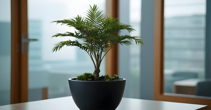 Small palm tree growing in pot inside modern office building