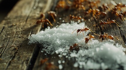 Red ants swarming a pile of sugar crystals on weathered wood.
