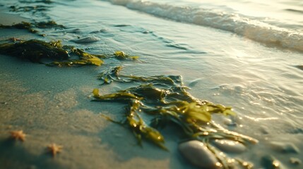 Seaweed on sandy beach at sunset, ocean waves washing ashore.