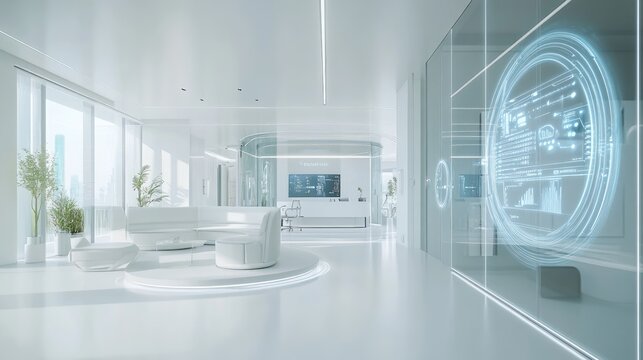 Modern futuristic office interior with interactive display. - Powered by Adobe