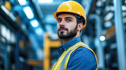 Confident young caucasian male worker in yellow hard hat and safety vest