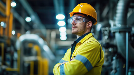 Male caucasian young engineer in yellow safety gear at industrial facility