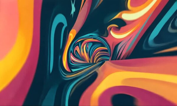 Psychedelic abstract animated colorful background. Trippy abstract backdrop. Retro groovy backdrop animation. Colorful dynamic elements, swirl texture. Nostalgic aesthetics, groovy themed videos. 