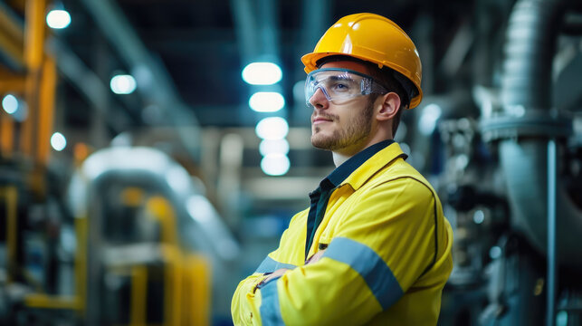 Male caucasian young engineer in yellow safety gear at industrial facility - Powered by Adobe