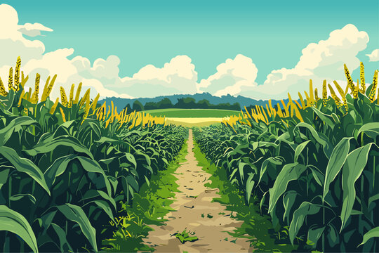 Corn fields background. Path between green plants. Blue sky with white clouds. Agriculture harvesting season coutryside life. Rural land landscape scenery with wheat meadows. Cartoon style vector