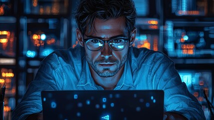Focused professional man working at night on a laptop in a tech environment