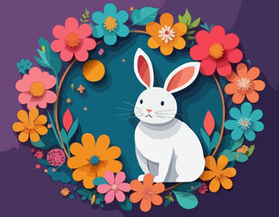 Chinese zodiac signs in circles, paper cut colorful flowers, posters set. Vector illustration. Place for your Text. 2023 New year of Rabbit