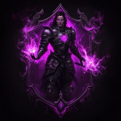 Fototapeta premium A dark knight wielding purple magic, set against a mystical background.