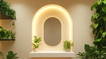 Arch with mirror and plants, minimalist style.