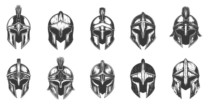 Old helmet set. Spartan roman greek warrior head protective wear. Ancient warrior gladiator armor soldier protection. History symbol emblem. Black and white simple flat style. Isolated vector on white