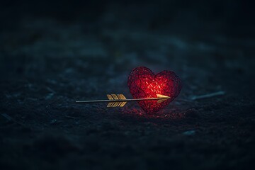 A glowing red heart with a golden arrow passing through it on a dark background