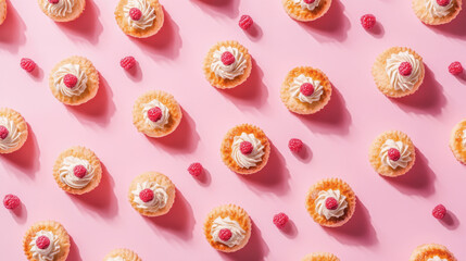 Pattern of creamy raspberry cupcakes on pink background