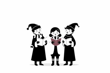 Christmas Carolers: A heartwarming illustration of three children in Santa hats, singing carols from songbooks, capturing the joyful spirit of the holiday season. 