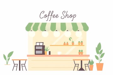 Coffee Shop Illustration: A charming and inviting illustration of a coffee shop, featuring a green awning, potted plants, and outdoor seating.