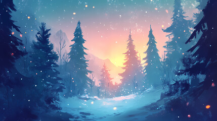 Serene winter wonderland with snowfall over pine trees and soft glowing lights creating a dreamy and magical atmosphere in nature during the holiday season. Frostwind. Illustration