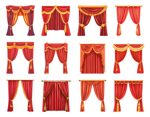 Red curtains set. Theater stage cinema decor pelmet for window with gold tassels. Luxury interior drapery scarlet silk velvet textile. Heavy drape material. Cartoon style isolated vector clipart