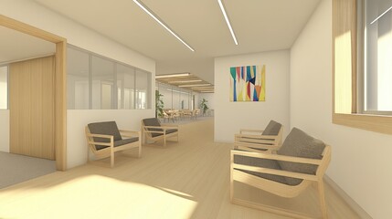 Fototapeta premium A modern office hallway with seating and artwork, designed for comfort and collaboration.