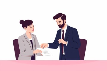 Business Deal: A professional man in a blue suit presents a document to a seated woman in a grey suit, symbolizing a successful negotiation, collaboration, or partnership.  