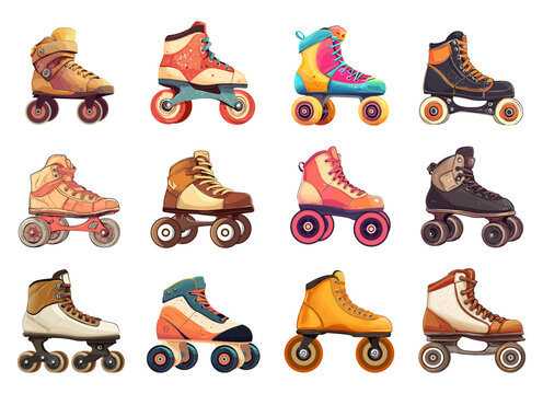 Retro roller skates set. Sport old fashioned scating shoe wear equipment for movement recreation activity. Side view.Funky speed quad roller skates. Cartoon style isolated vector clipart collection