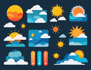 Weather forecast widget. Vector illustration. Daily weather forecast application template. Temperature, wind direction, atmosphere pressure, sunrise and sunset icons set. Paper cut climate signs