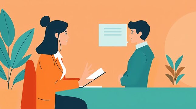 Job Interview Illustration: A professional woman sits across from a man in a job interview, showcasing a friendly and approachable atmosphere.