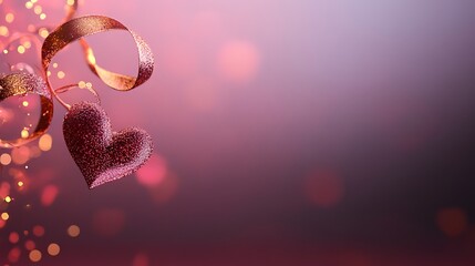 romantic gold ribbon curling into heart shapes on a soft pink background 