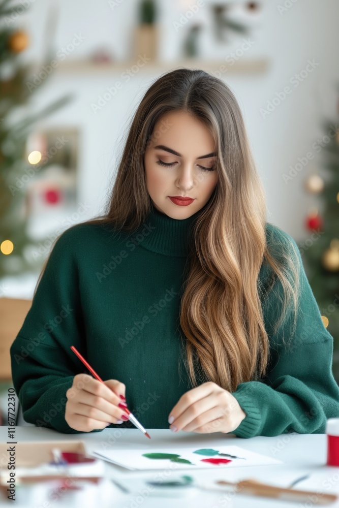 Poster A woman is painting a picture of a Christmas tree. She is wearing a green sweater and has red lipstick on