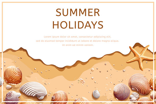 Summer beach sea side background. Sand with shells and seastar. Place for text. seacoast or ocean shore top view. Exotic tropical island idyllic holidays vacation banner. Cartoon style vector