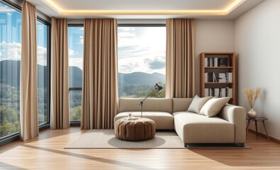 Fototapeta premium Modern coastal living room, panoramic windows, ocean view, beige curtains, white sofa, leather ottoman, wooden bookshelf, recessed lighting, hardwood floor, minimalist decor, contemporary interior des