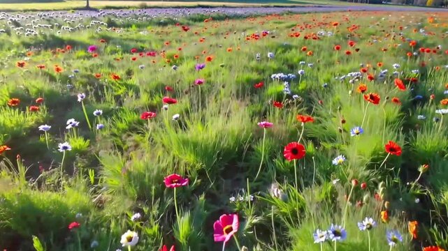 spring wildflower field in sunlight slow motion with poppies and cornflowers gently swaying in the breeze vibrant nature scene