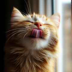 Curious orange cat enjoying a sunny moment by the window while licking its nose. Generative AI