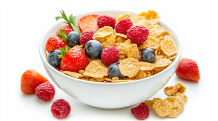 Bowl of crunchy cereal with fresh berries and strawberries