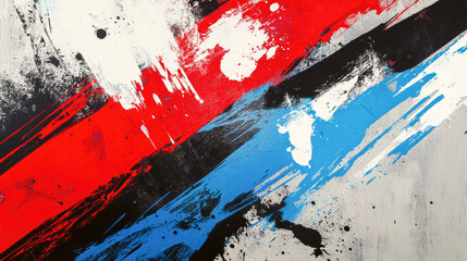 Abstract expressionist painting with bold red, black, and blue strokes