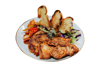 Grilled chicken pieces served with cooked vegetables and salad, horizantal, white background