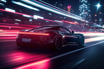 Sleek black sports car glides through city streets illuminated by vibrant lights at night