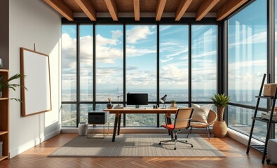 modern office interior, floor-to-ceiling windows, panoramic city view, wooden desk, ergonomic office chair, exposed wooden beams, minimalist decor, potted plant, framed artwork, sleek computer setup, 