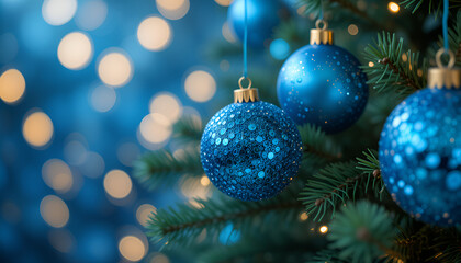 Fototapeta premium Blue Christmas ornaments on a fir branch with a backdrop of blurred lights for Christmas, New Year, and winter festivities. 