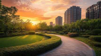 Idyllic Urban Park at Sunset with Neatly Trimmed Bushes, Shaded Pathways, and Colorful Sky Among Stylish Residential Buildings