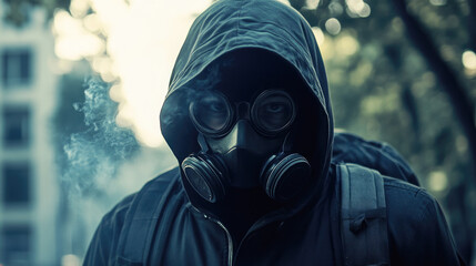 Mysterious hooded figure in gas mask amidst urban smoke